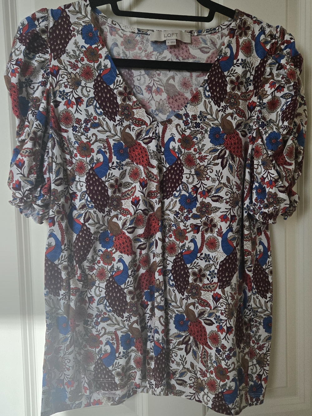 LOFT White Floral & Bird Puff-Sleeve Blouse with Blue and Red Accents